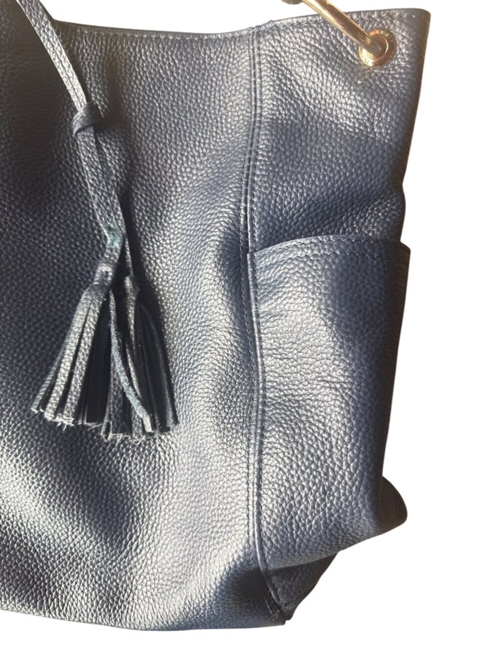 LAGGO Navy Pebbled Leather Hobo Shoulder Bag Gold Tone Hardware Tassel Tote - Picture 7 of 12